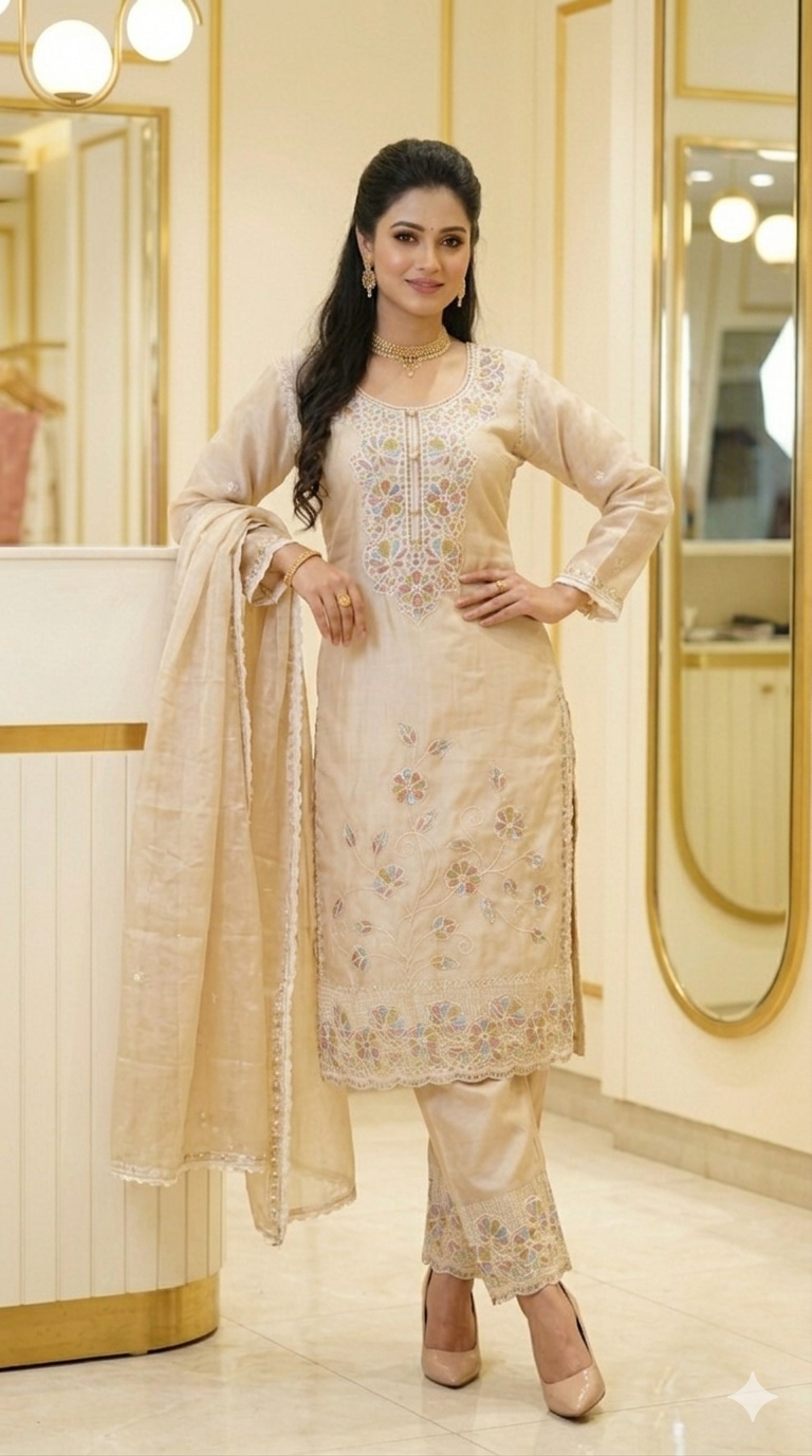 Beads Embroidered Straight Suit with Pant and Dupatta