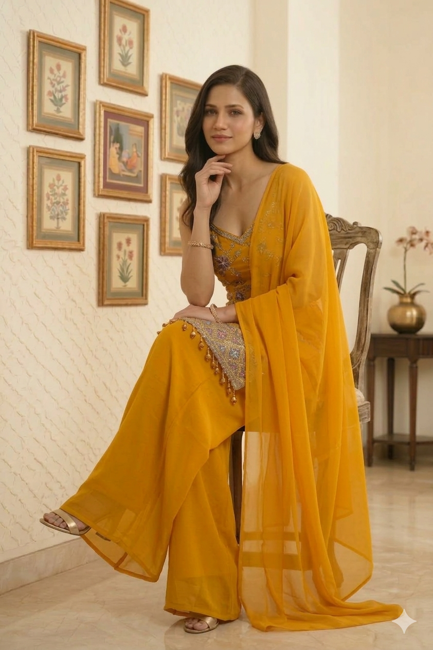 Beautiful Embroidered Straight Suit Set with Palazzo & Dupatta
