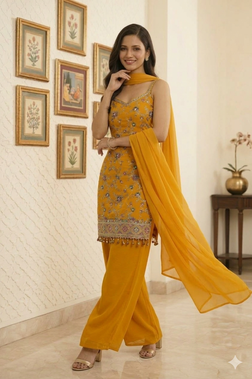 Beautiful Embroidered Straight Suit Set with Palazzo & Dupatta