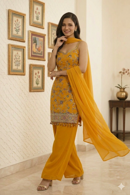Beautiful Embroidered Straight Suit Set with Palazzo & Dupatta