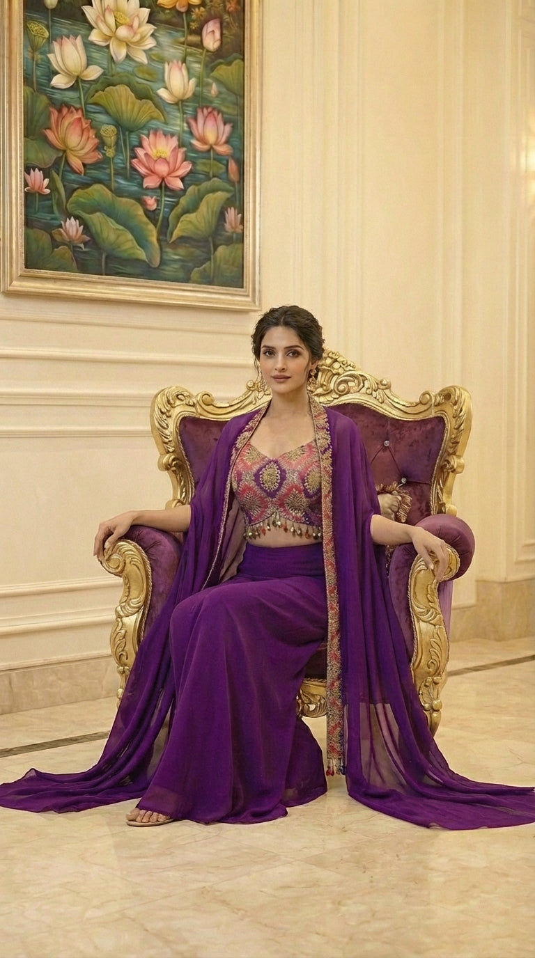 Embroidered Hand-Touched Indo Top with Shrug & Palazzo