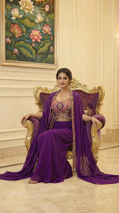 Embroidered Hand-Touched Indo Top with Shrug & Palazzo