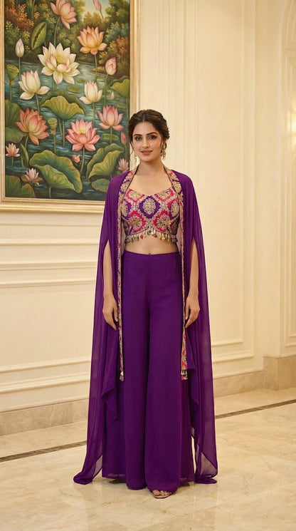 Embroidered Hand-Touched Indo Top with Shrug & Palazzo