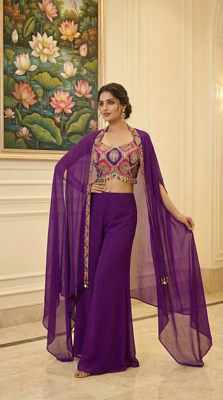 Embroidered Hand-Touched Indo Top with Shrug & Palazzo