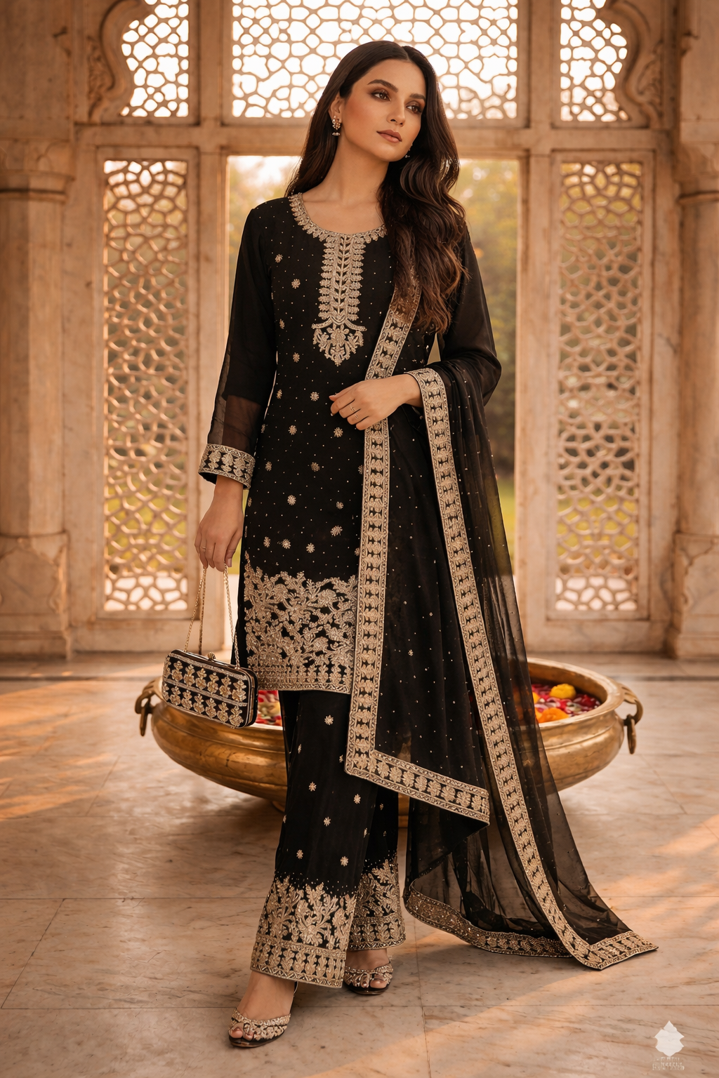 Embroidered Pakistani Suit with Hand Touch - Palazzo & Dupatta Set