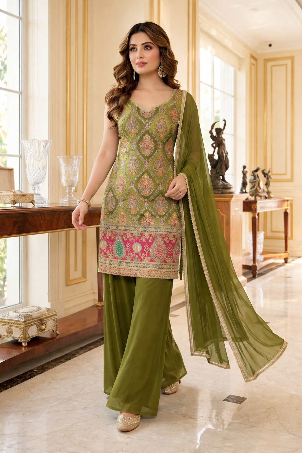 Embroidered Straight Suit with Palazzo & Dupatta