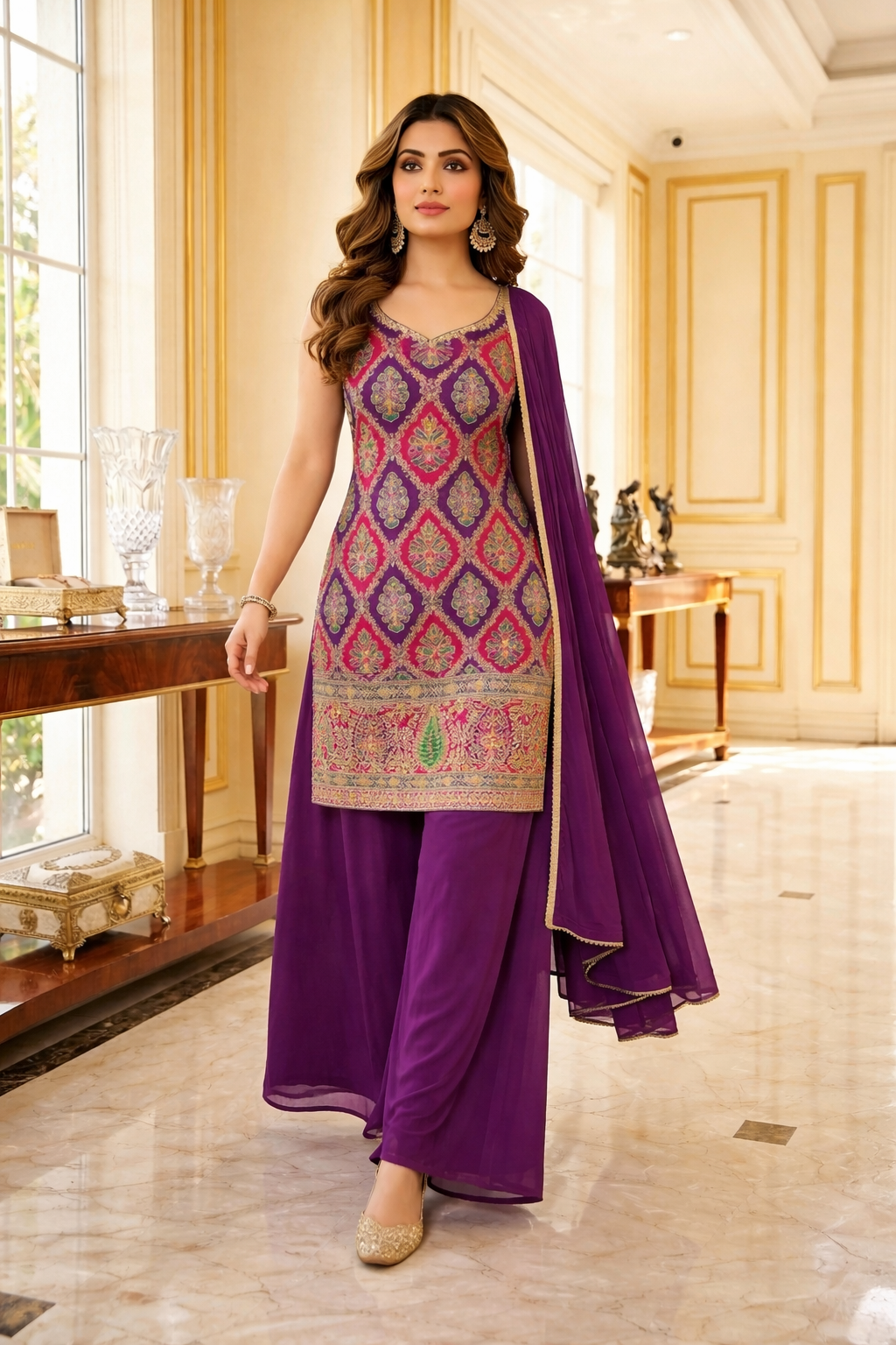Embroidered Straight Suit with Palazzo & Dupatta