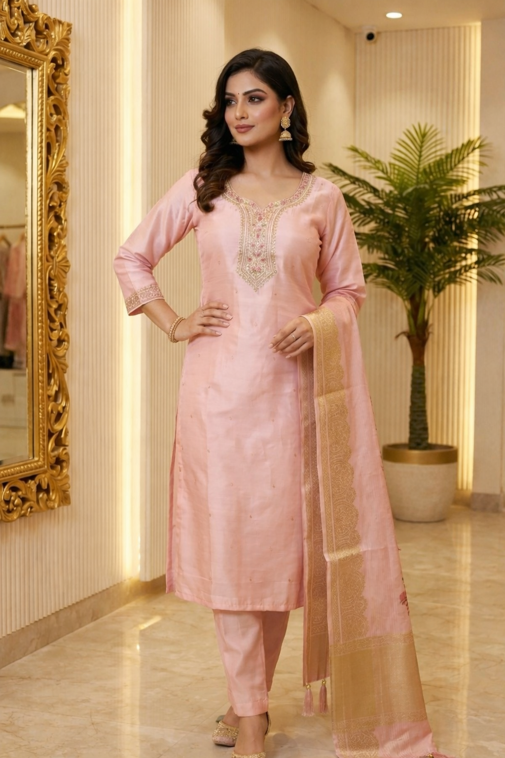 Beautiful Straight Suit with Neck Work, Brocade Dupatta & Pant