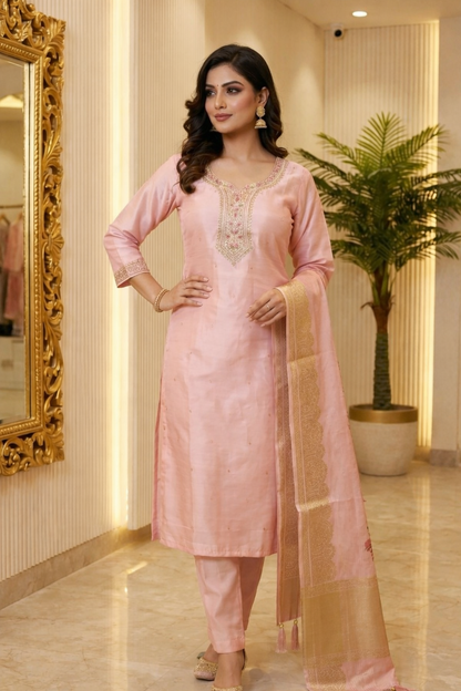 Beautiful Straight Suit with Neck Work, Brocade Dupatta & Pant