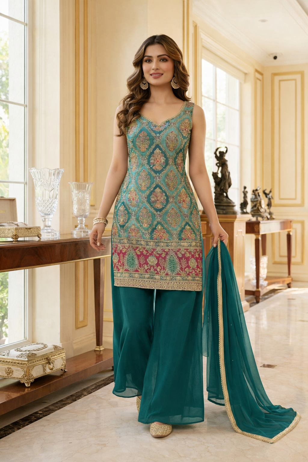 Embroidered Straight Suit with Palazzo & Dupatta