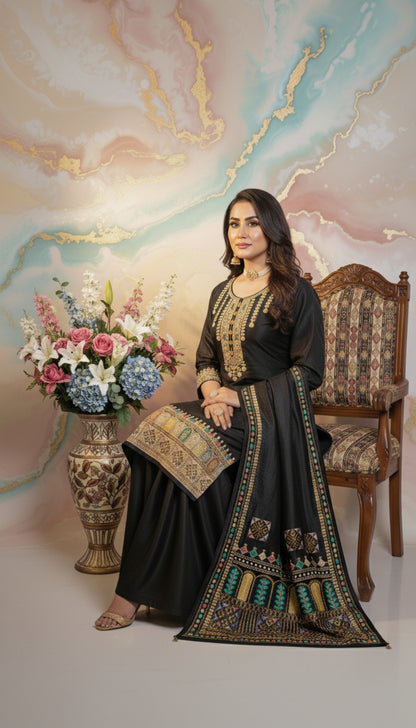 Multi Embroidered Straight Suit with Beads Work, Printed Dupatta & Palazzo Set