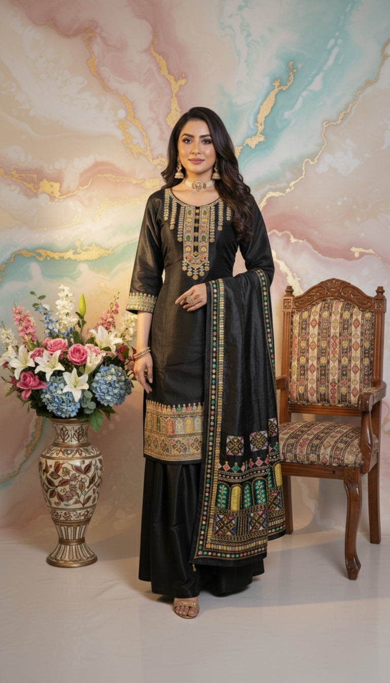 Multi Embroidered Straight Suit with Beads Work, Printed Dupatta & Palazzo Set