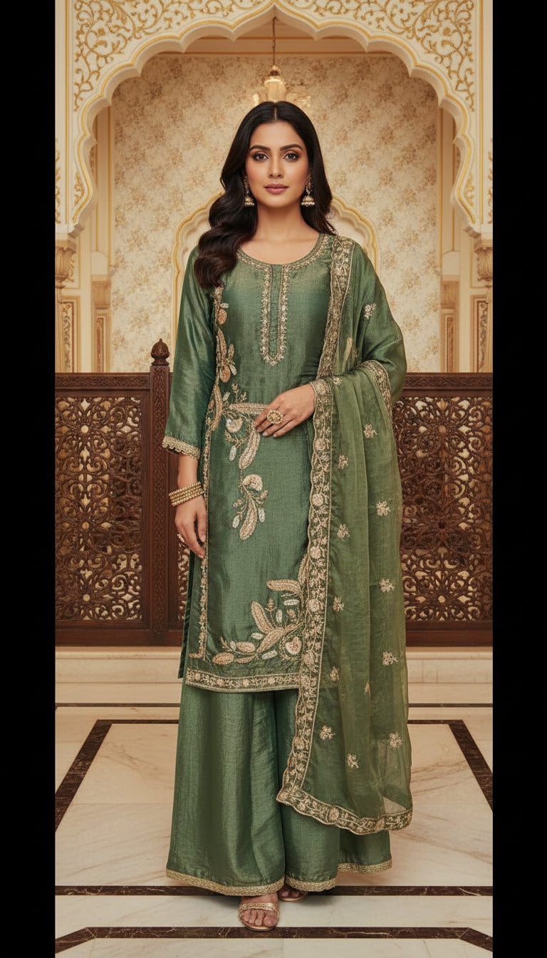 Embroidered Kurta Set with Palazzo & Dupatta