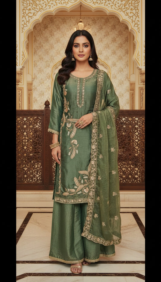 Embroidered Kurta Set with Palazzo & Dupatta