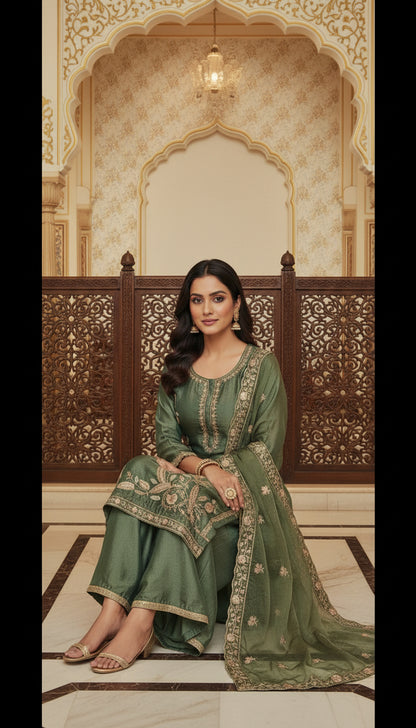 Embroidered Kurta Set with Palazzo & Dupatta