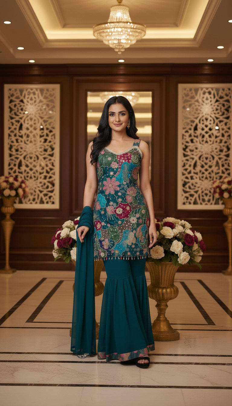 Floral Print with Emb. Straight Suit with Sharara and Dupatta