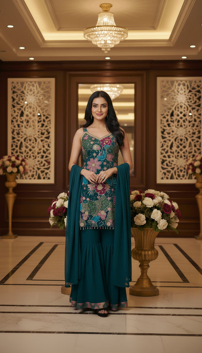 Floral Print with Emb. Straight Suit with Sharara and Dupatta
