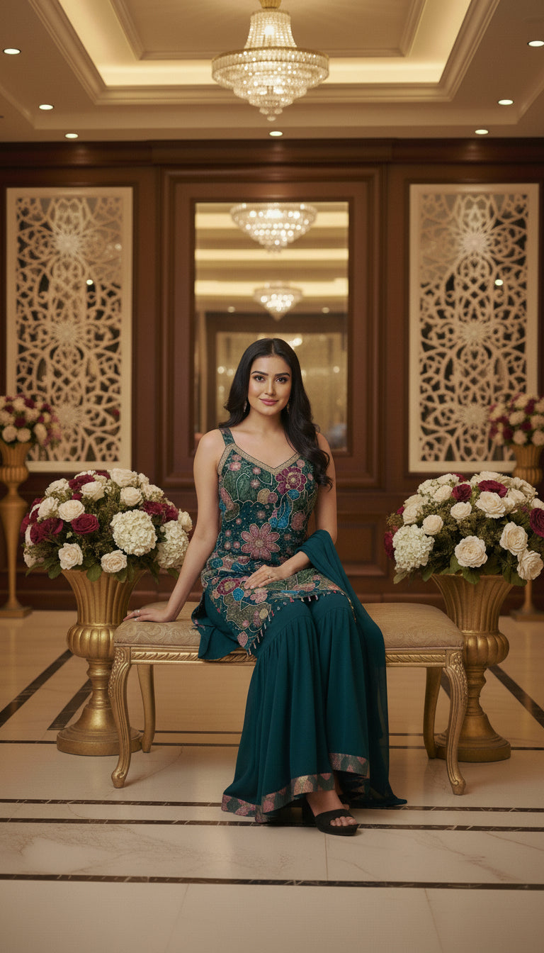 Floral Print with Emb. Straight Suit with Sharara and Dupatta