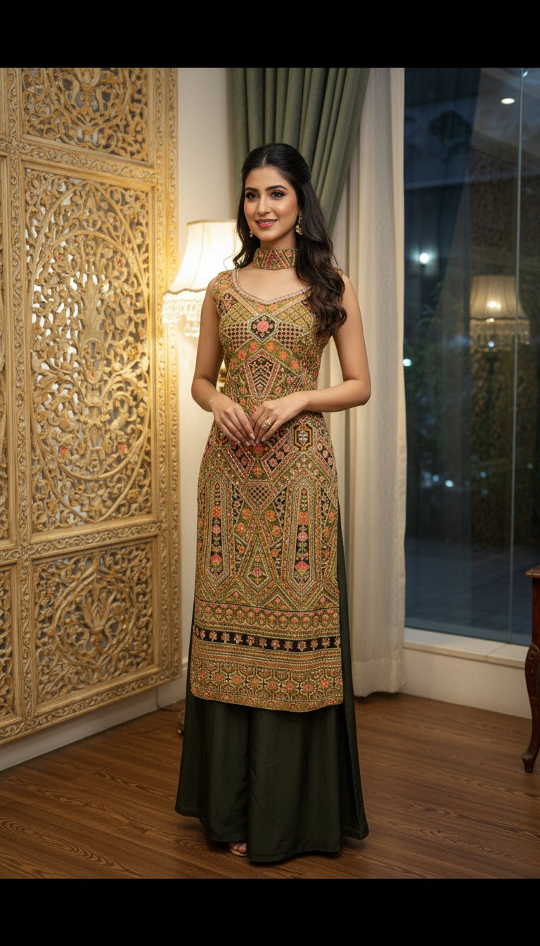 Position Print Long Straight Suit with Palazzo & Dupatta