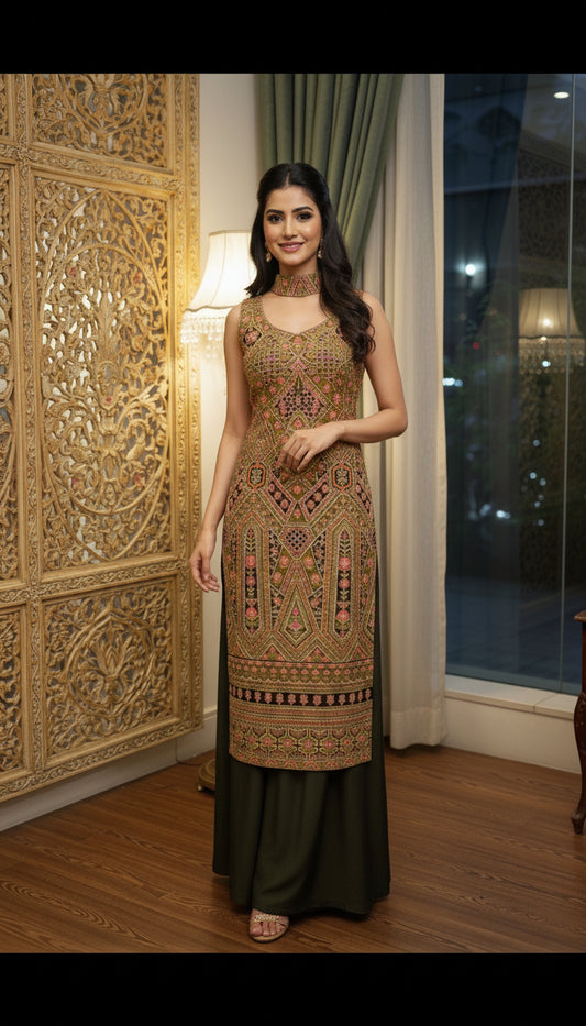 Position Print Long Straight Suit with Palazzo & Dupatta