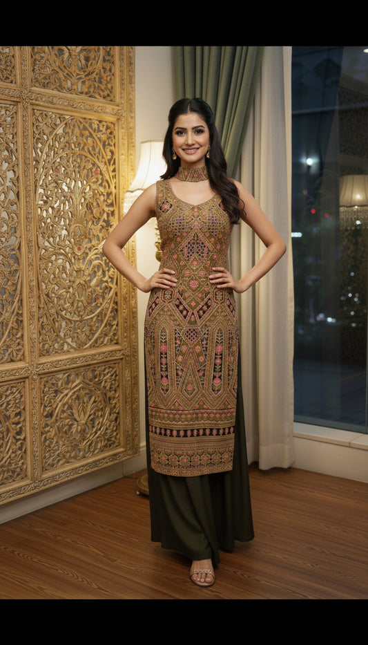 Position Print Long Straight Suit with Palazzo & Dupatta