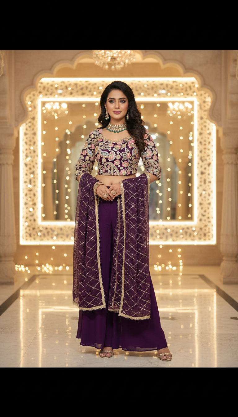 Embroidered Indo Top with Palazzo & Dupatta Set