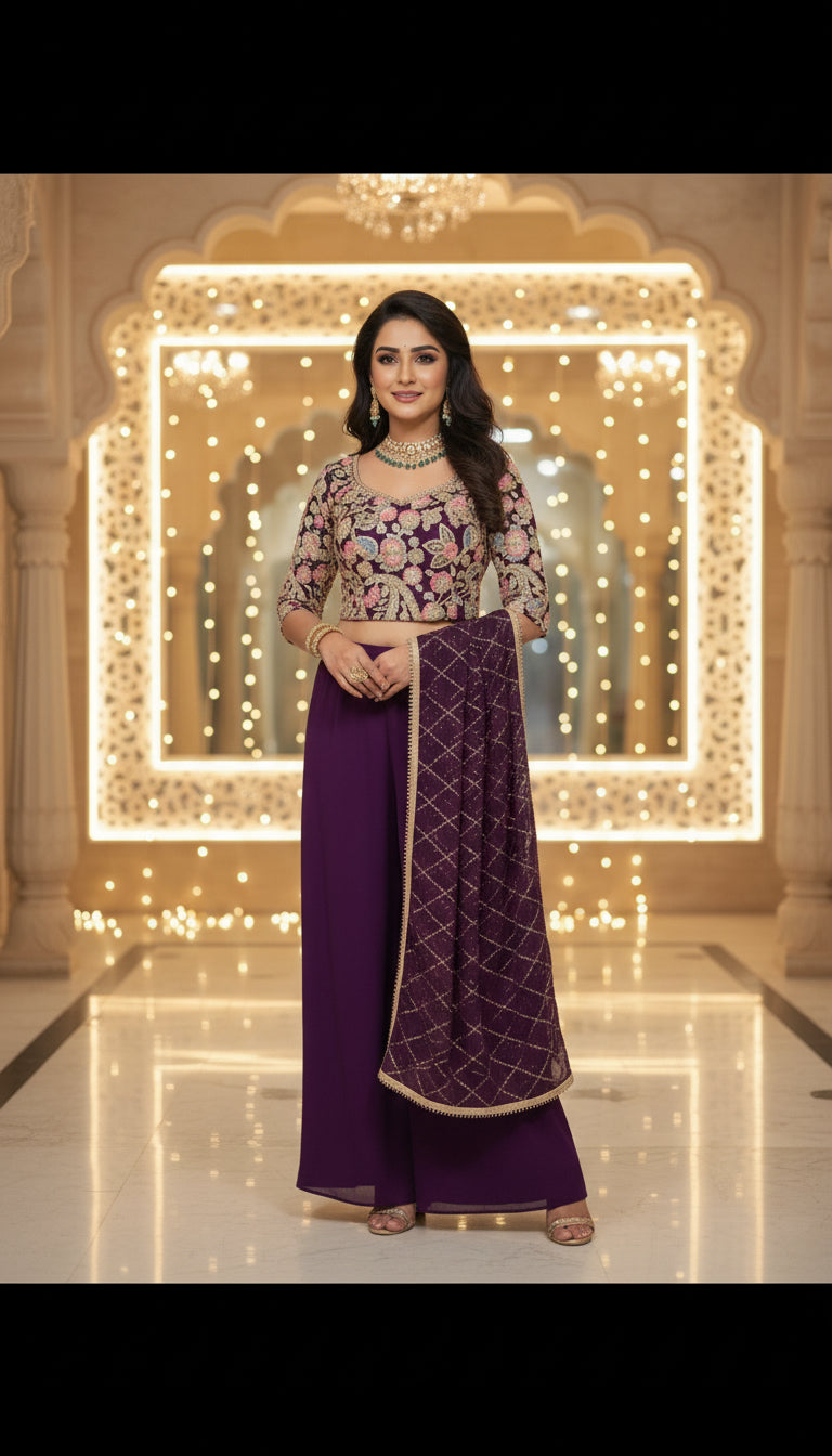 Embroidered Indo Top with Palazzo & Dupatta Set