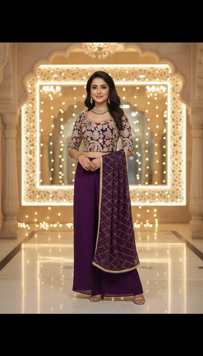 Embroidered Indo Top with Palazzo & Dupatta Set