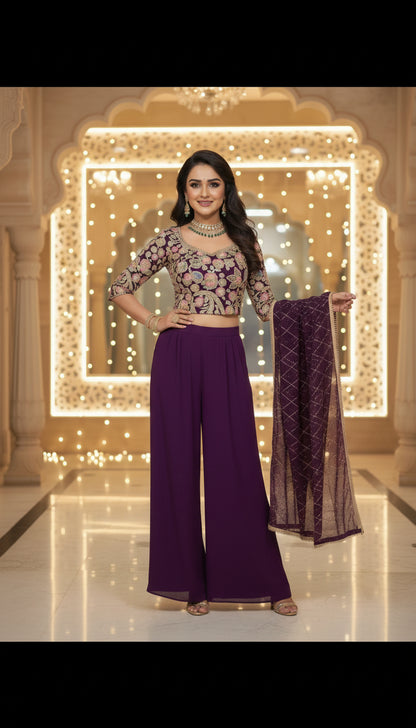 Embroidered Indo Top with Palazzo & Dupatta Set
