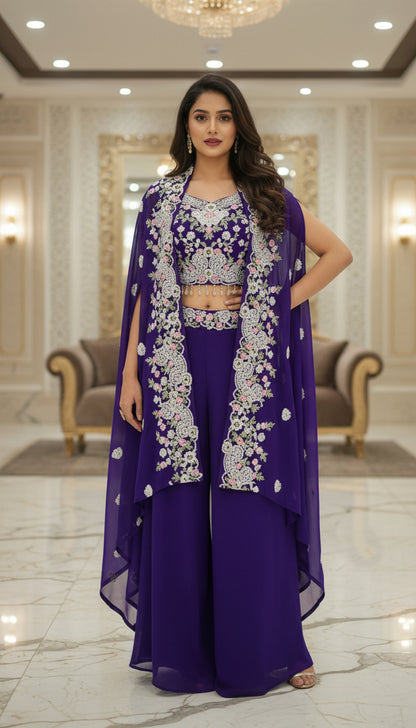Embroidered Indo Shrug with Crop Top & Palazzo Set