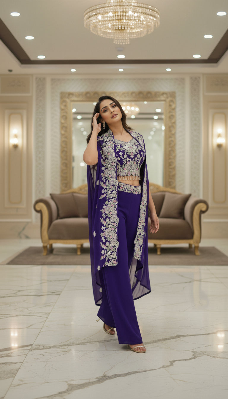 Embroidered Indo Shrug with Crop Top & Palazzo Set