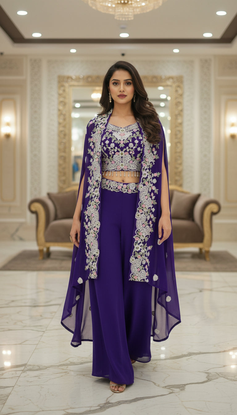 Embroidered Indo Shrug with Crop Top & Palazzo Set