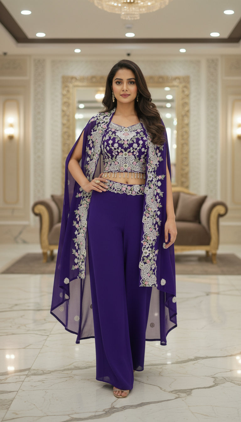 Embroidered Indo Shrug with Crop Top & Palazzo Set