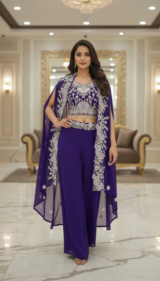 Embroidered Indo Shrug with Crop Top & Palazzo Set