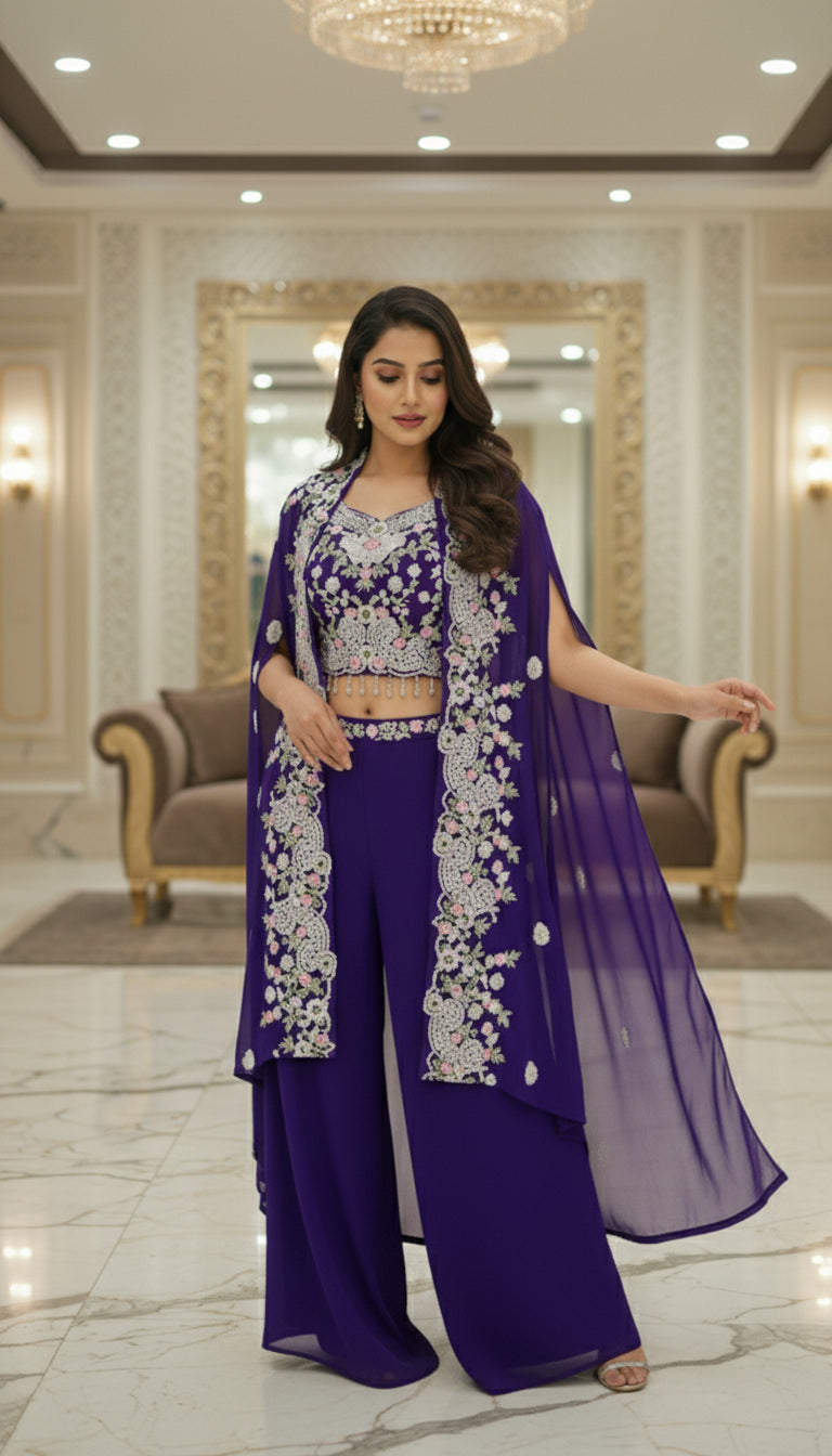 Embroidered Indo Shrug with Crop Top & Palazzo Set