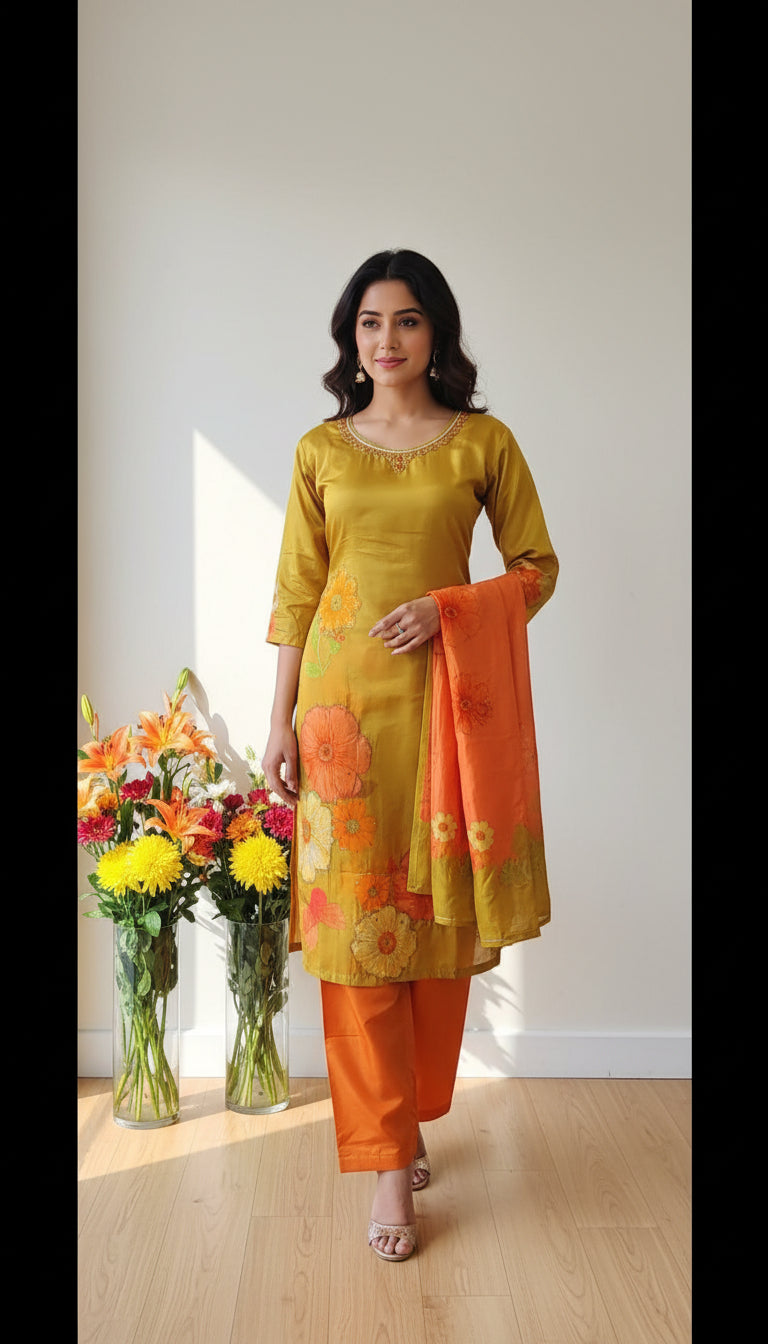 Pure Creape Printed Kurta with Pant and Dupatta set