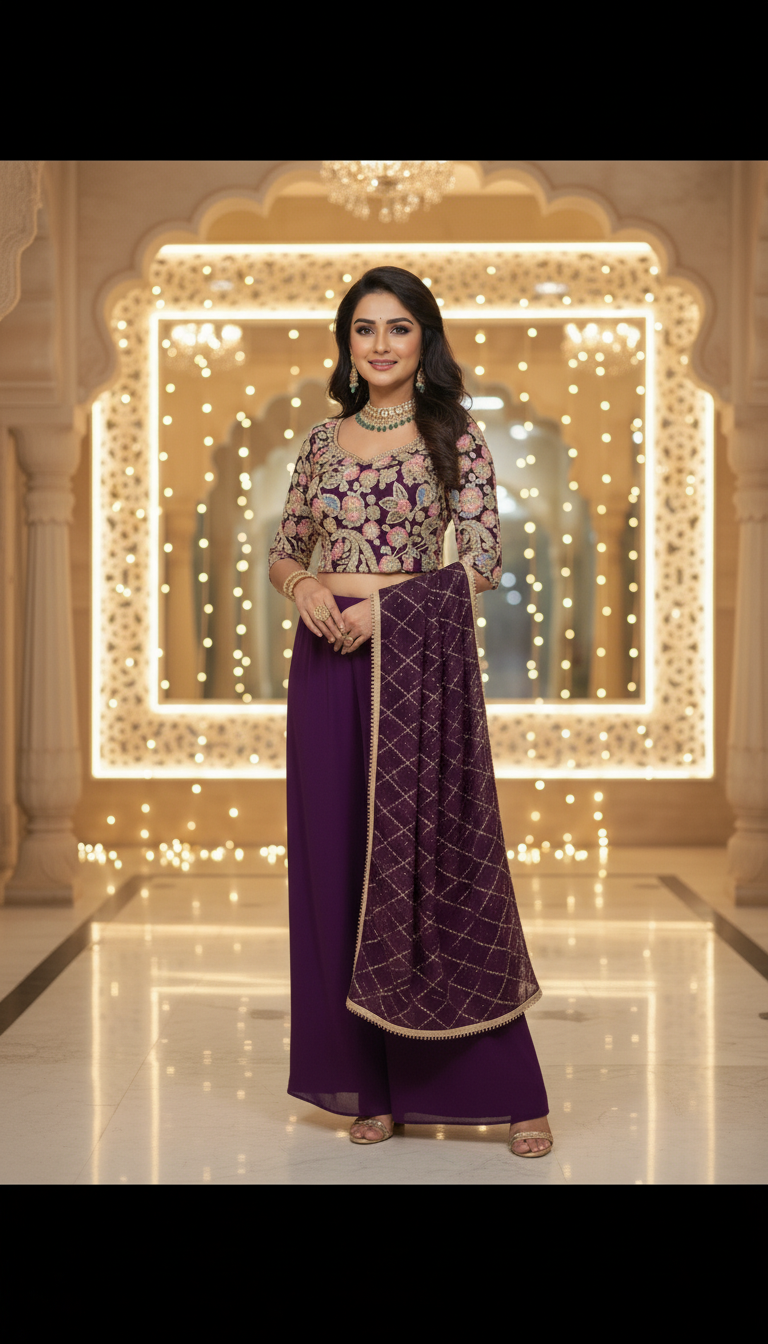Embroidered Indo Top with Palazzo & Dupatta Set