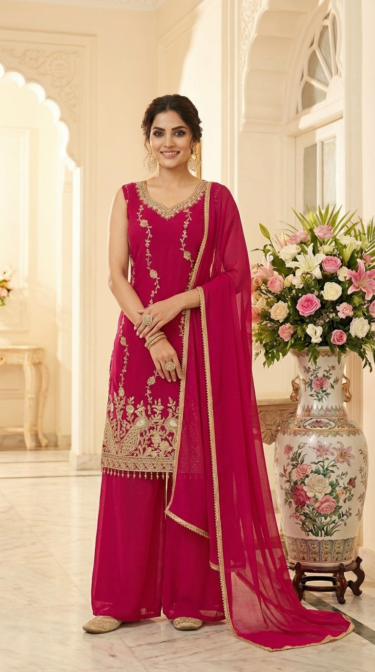 Beads Work Straight Suit with Palazzo & Dupatta