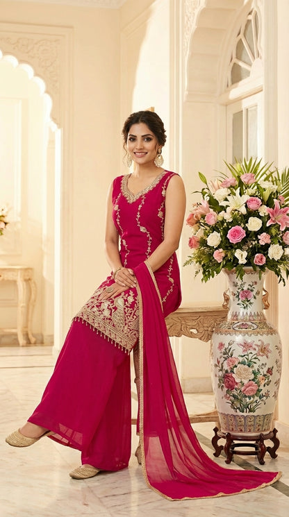 Beads Work Straight Suit with Palazzo & Dupatta
