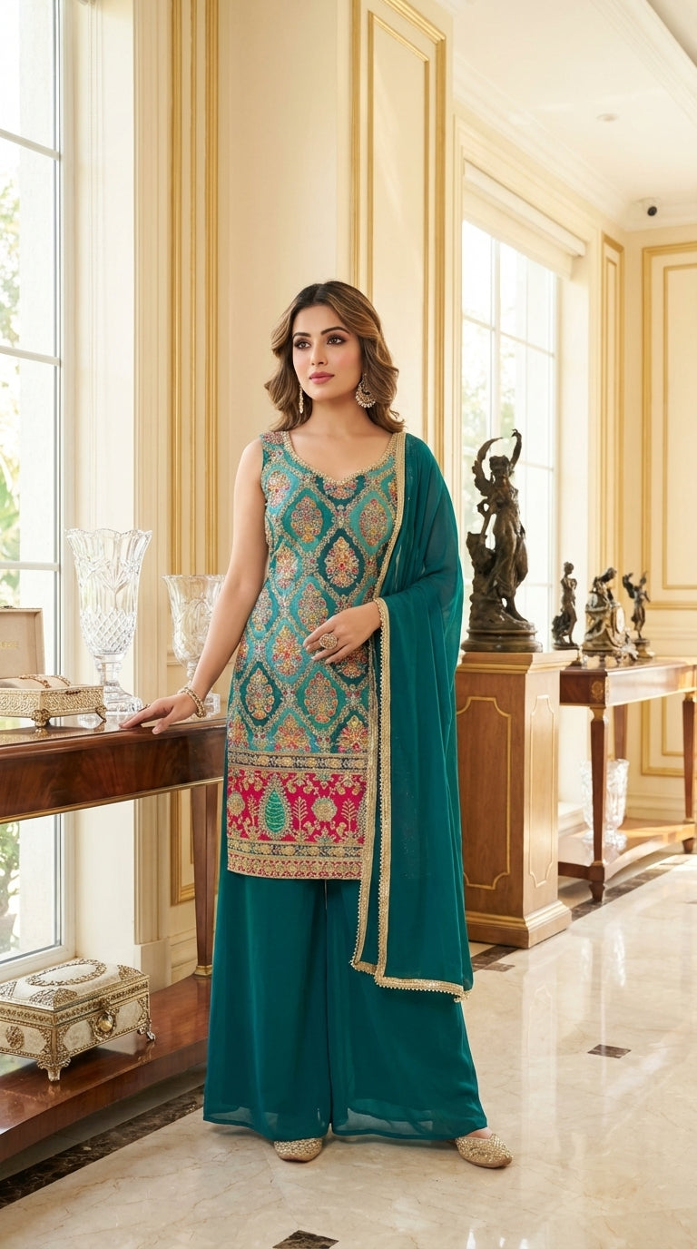Embroidered Straight Suit with Palazzo & Dupatta