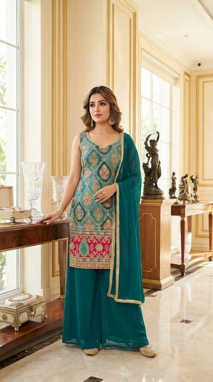 Embroidered Straight Suit with Palazzo & Dupatta