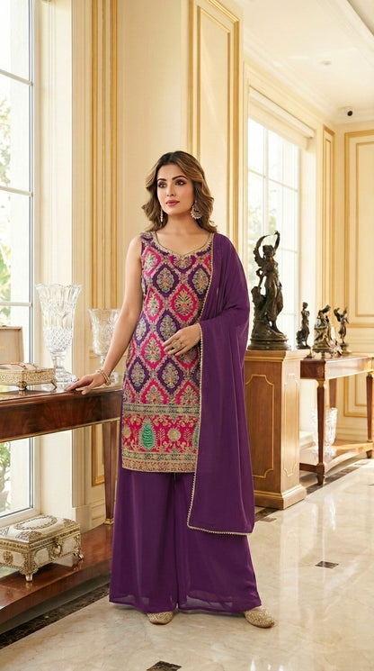 Embroidered Straight Suit with Palazzo & Dupatta