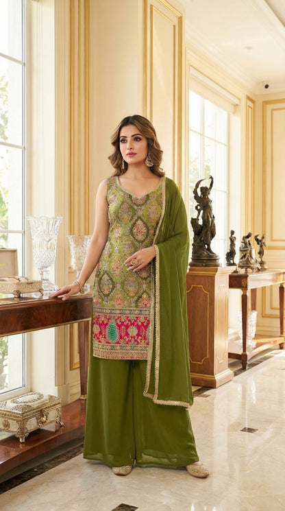 Embroidered Straight Suit with Palazzo & Dupatta