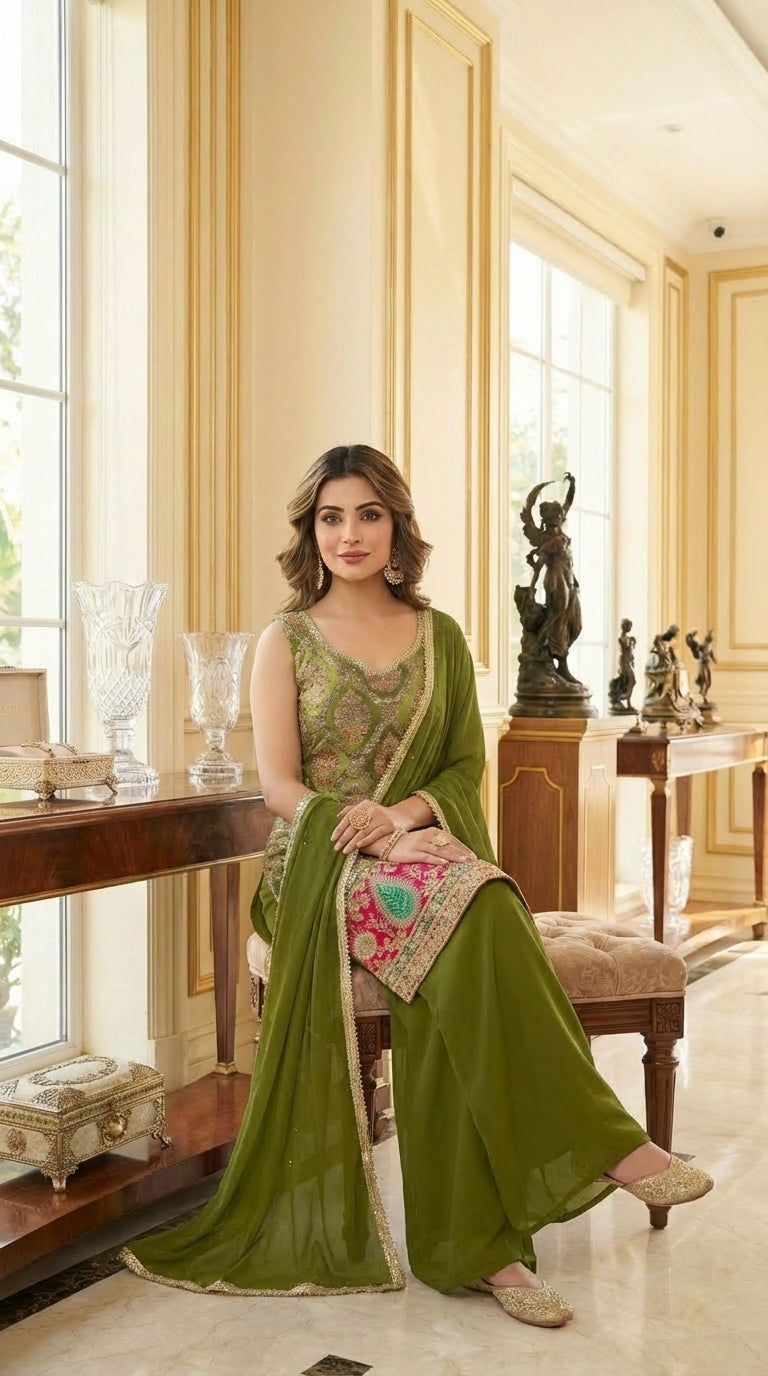 Embroidered Straight Suit with Palazzo & Dupatta