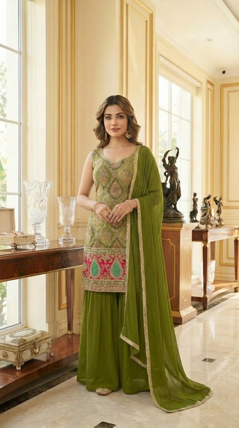Embroidered Straight Suit with Palazzo & Dupatta