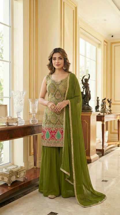 Embroidered Straight Suit with Palazzo & Dupatta