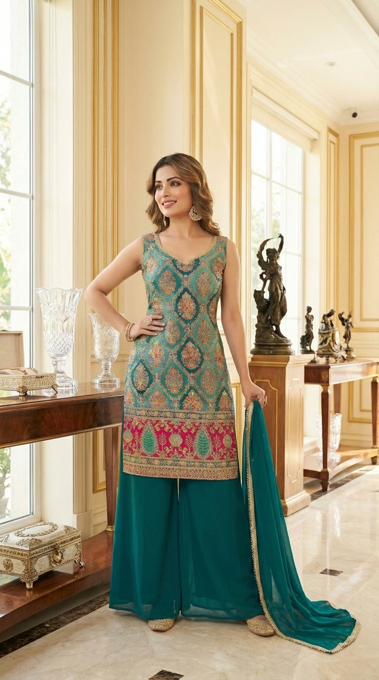 Embroidered Straight Suit with Palazzo & Dupatta