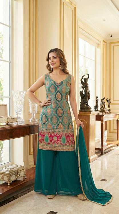 Embroidered Straight Suit with Palazzo & Dupatta