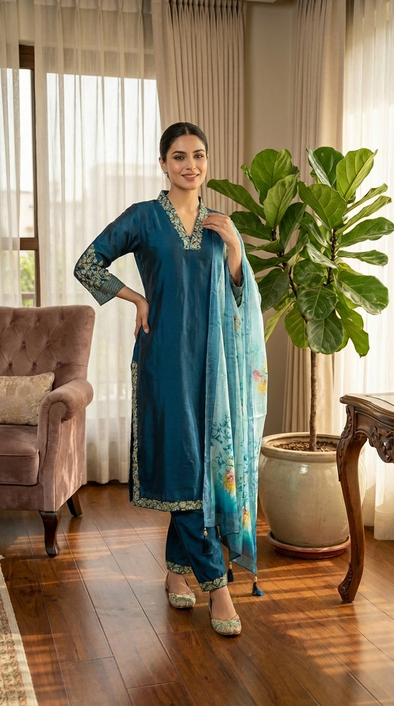 Embroidered Collar & Sleeves Work Straight Suit with Printed Dupatta and Pant