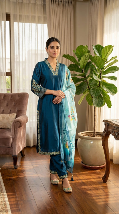 Embroidered Collar & Sleeves Work Straight Suit with Printed Dupatta and Pant